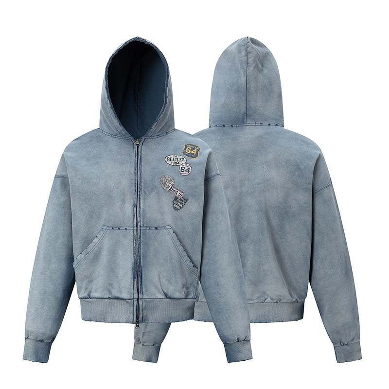 American-style Vintage DIY Badge-printed Washed-and-distressed Jacket